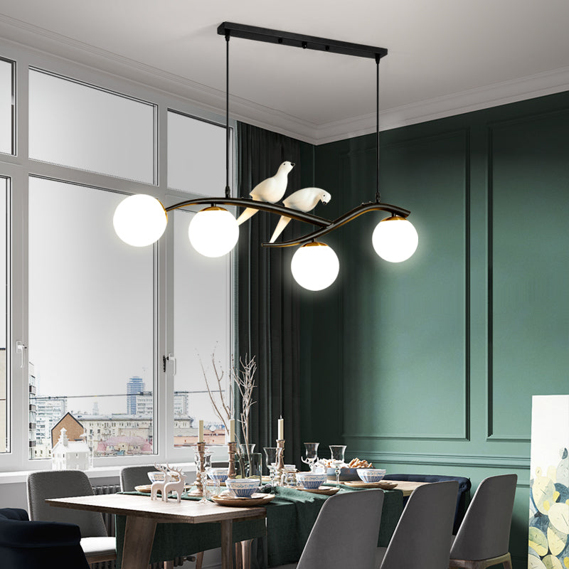 Modern Branch Island Light Matte White Glass 4-Head Dining Room Drop Pendant Fixture with Birds and Adjustable Cord Black Clearhalo 'Ceiling Lights' 'Glass shade' 'Glass' 'Island Lights' Lighting' 150655