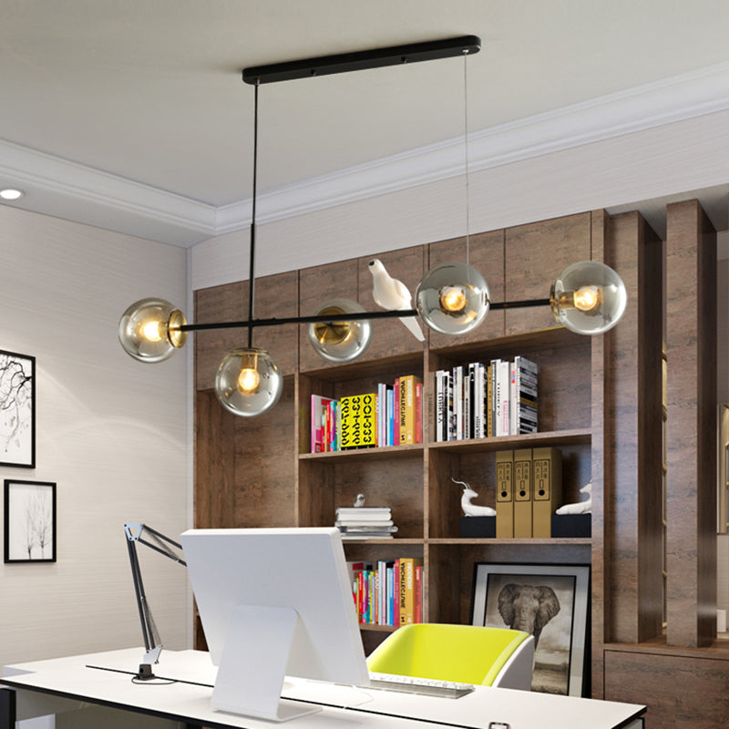 Industrial 5-Light Island Pendant with Amber/Milky White/Smoke Grey Glass Shade Brass Sphere Ceiling Light with Adjustable Cord Amber Clearhalo 'Ceiling Lights' 'Close To Ceiling Lights' 'Glass shade' 'Glass' 'Island Lights' Lighting' 150671