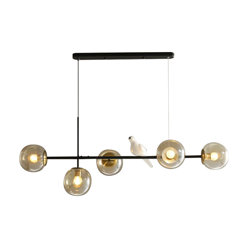 Industrial 5-Light Island Pendant with Amber/Milky White/Smoke Grey Glass Shade Brass Sphere Ceiling Light with Adjustable Cord Clearhalo 'Ceiling Lights' 'Close To Ceiling Lights' 'Glass shade' 'Glass' 'Island Lights' Lighting' 150673
