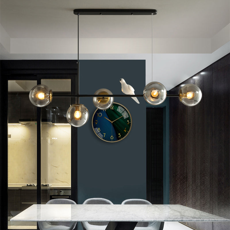 Industrial 5-Light Island Pendant with Amber/Milky White/Smoke Grey Glass Shade Brass Sphere Ceiling Light with Adjustable Cord Smoke Gray Clearhalo 'Ceiling Lights' 'Close To Ceiling Lights' 'Glass shade' 'Glass' 'Island Lights' Lighting' 150674