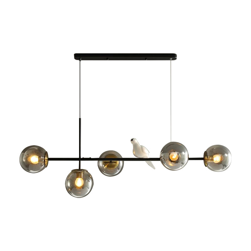 Industrial 5-Light Island Pendant with Amber/Milky White/Smoke Grey Glass Shade Brass Sphere Ceiling Light with Adjustable Cord Clearhalo 'Ceiling Lights' 'Close To Ceiling Lights' 'Glass shade' 'Glass' 'Island Lights' Lighting' 150676
