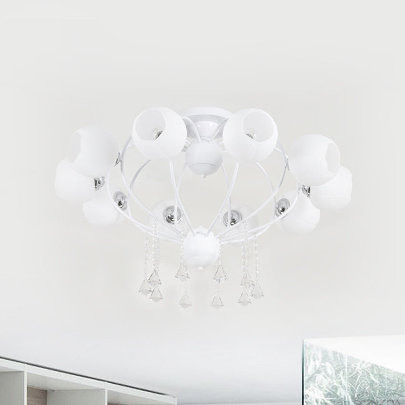Globe Glass Shade Ceiling Light Fixture with Crystal Drop Rustic Metal 3/6/10 Heads Black/White Living Room Semi Flush Mount Light 10 White Clearhalo 'Ceiling Lights' 'Close To Ceiling Lights' 'Close to ceiling' 'Glass shade' 'Glass' 'Semi-flushmount' Lighting' 150735
