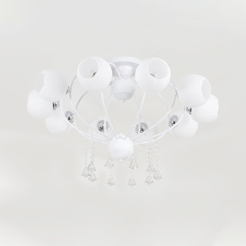 Globe Glass Shade Ceiling Light Fixture with Crystal Drop Rustic Metal 3/6/10 Heads Black/White Living Room Semi Flush Mount Light Clearhalo 'Ceiling Lights' 'Close To Ceiling Lights' 'Close to ceiling' 'Glass shade' 'Glass' 'Semi-flushmount' Lighting' 150737