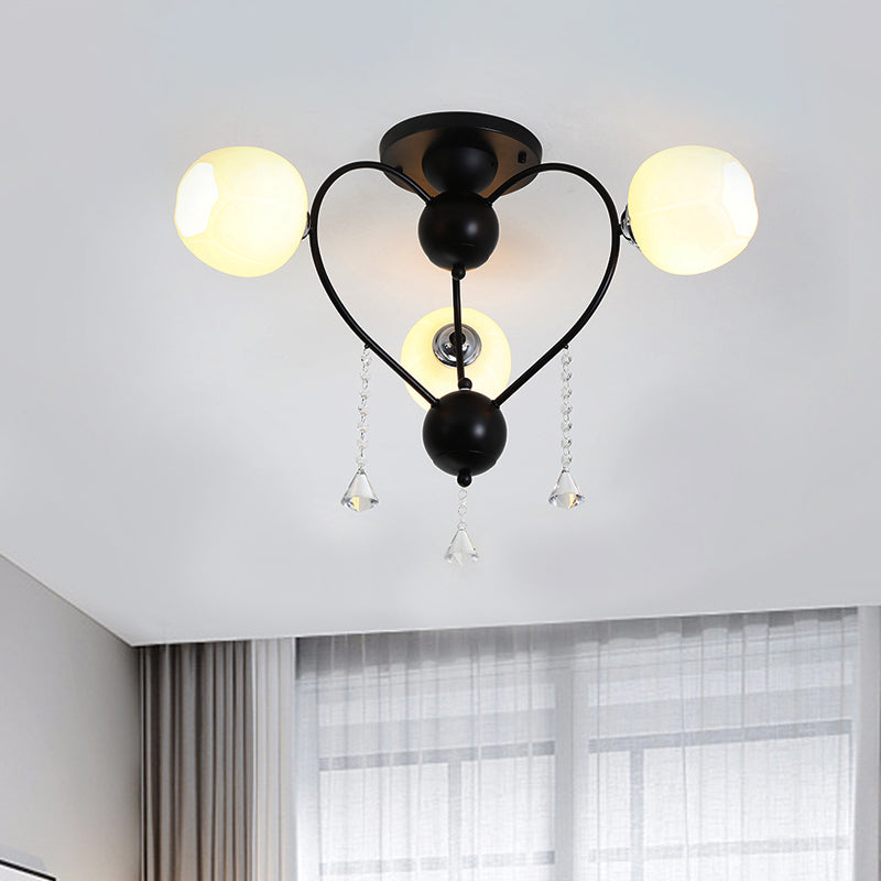Globe Glass Shade Ceiling Light Fixture with Crystal Drop Rustic Metal 3/6/10 Heads Black/White Living Room Semi Flush Mount Light 3 Black Clearhalo 'Ceiling Lights' 'Close To Ceiling Lights' 'Close to ceiling' 'Glass shade' 'Glass' 'Semi-flushmount' Lighting' 150738