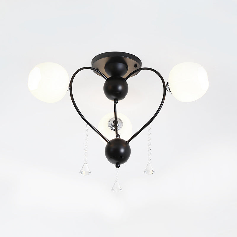 Globe Glass Shade Ceiling Light Fixture with Crystal Drop Rustic Metal 3/6/10 Heads Black/White Living Room Semi Flush Mount Light Clearhalo 'Ceiling Lights' 'Close To Ceiling Lights' 'Close to ceiling' 'Glass shade' 'Glass' 'Semi-flushmount' Lighting' 150740