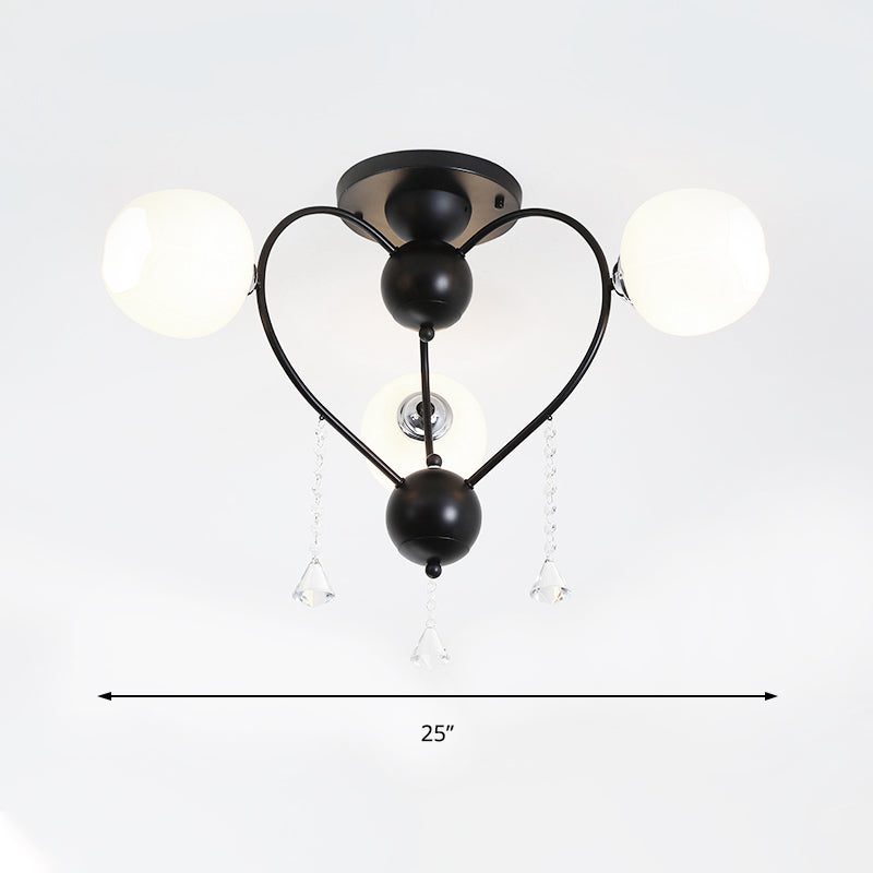 Globe Glass Shade Ceiling Light Fixture with Crystal Drop Rustic Metal 3/6/10 Heads Black/White Living Room Semi Flush Mount Light Clearhalo 'Ceiling Lights' 'Close To Ceiling Lights' 'Close to ceiling' 'Glass shade' 'Glass' 'Semi-flushmount' Lighting' 150741