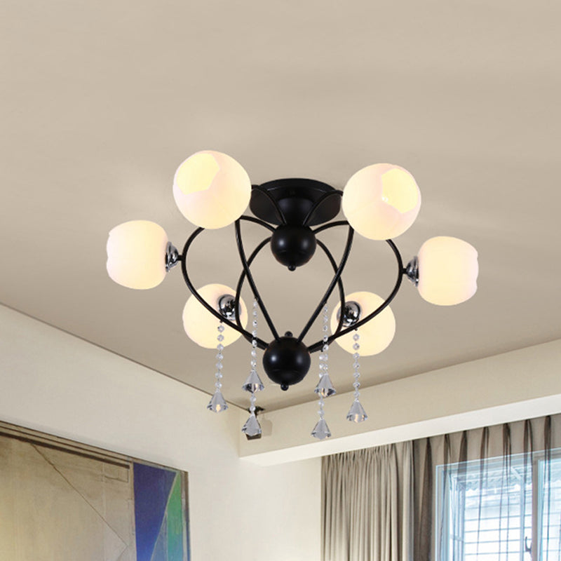 Globe Glass Shade Ceiling Light Fixture with Crystal Drop Rustic Metal 3/6/10 Heads Black/White Living Room Semi Flush Mount Light 6 Black Clearhalo 'Ceiling Lights' 'Close To Ceiling Lights' 'Close to ceiling' 'Glass shade' 'Glass' 'Semi-flushmount' Lighting' 150742