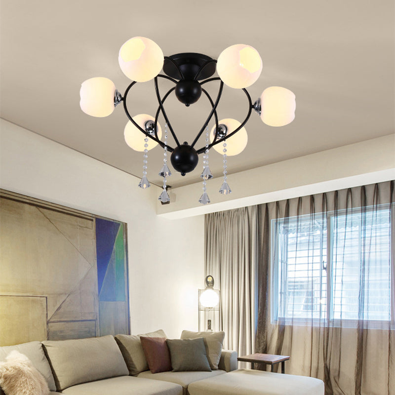 Globe Glass Shade Ceiling Light Fixture with Crystal Drop Rustic Metal 3/6/10 Heads Black/White Living Room Semi Flush Mount Light Clearhalo 'Ceiling Lights' 'Close To Ceiling Lights' 'Close to ceiling' 'Glass shade' 'Glass' 'Semi-flushmount' Lighting' 150743