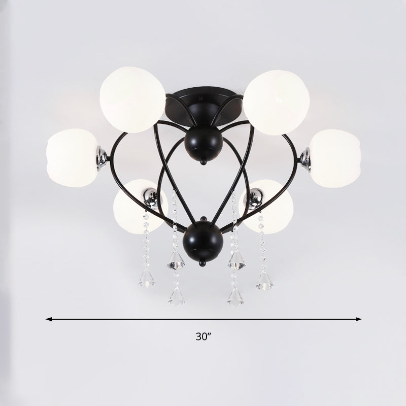 Globe Glass Shade Ceiling Light Fixture with Crystal Drop Rustic Metal 3/6/10 Heads Black/White Living Room Semi Flush Mount Light Clearhalo 'Ceiling Lights' 'Close To Ceiling Lights' 'Close to ceiling' 'Glass shade' 'Glass' 'Semi-flushmount' Lighting' 150745