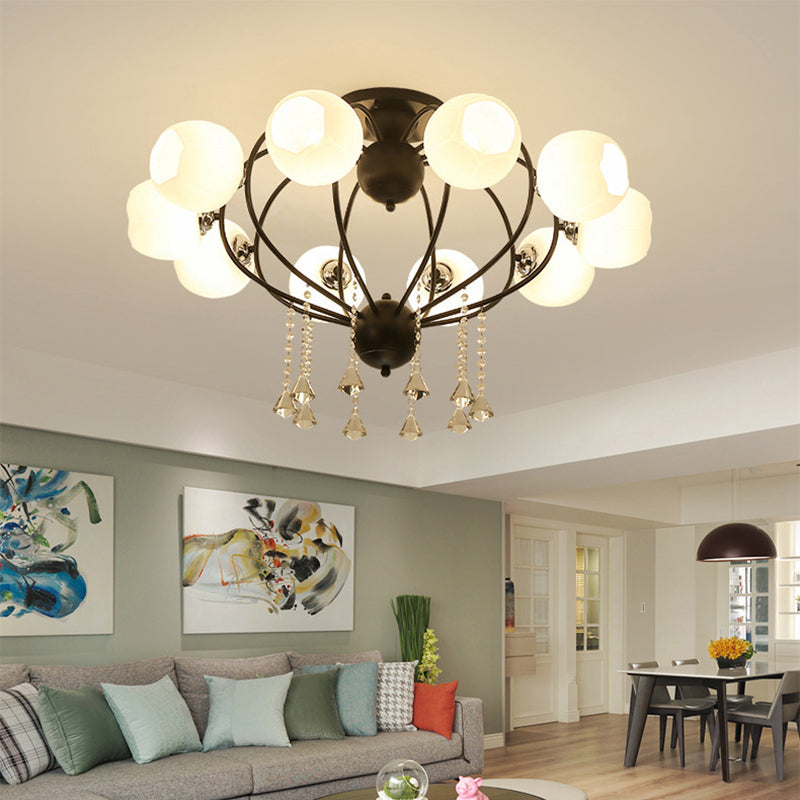 Globe Glass Shade Ceiling Light Fixture with Crystal Drop Rustic Metal 3/6/10 Heads Black/White Living Room Semi Flush Mount Light Clearhalo 'Ceiling Lights' 'Close To Ceiling Lights' 'Close to ceiling' 'Glass shade' 'Glass' 'Semi-flushmount' Lighting' 150747