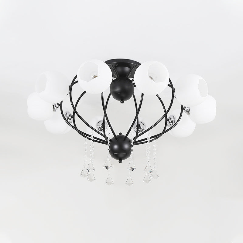 Globe Glass Shade Ceiling Light Fixture with Crystal Drop Rustic Metal 3/6/10 Heads Black/White Living Room Semi Flush Mount Light Clearhalo 'Ceiling Lights' 'Close To Ceiling Lights' 'Close to ceiling' 'Glass shade' 'Glass' 'Semi-flushmount' Lighting' 150748