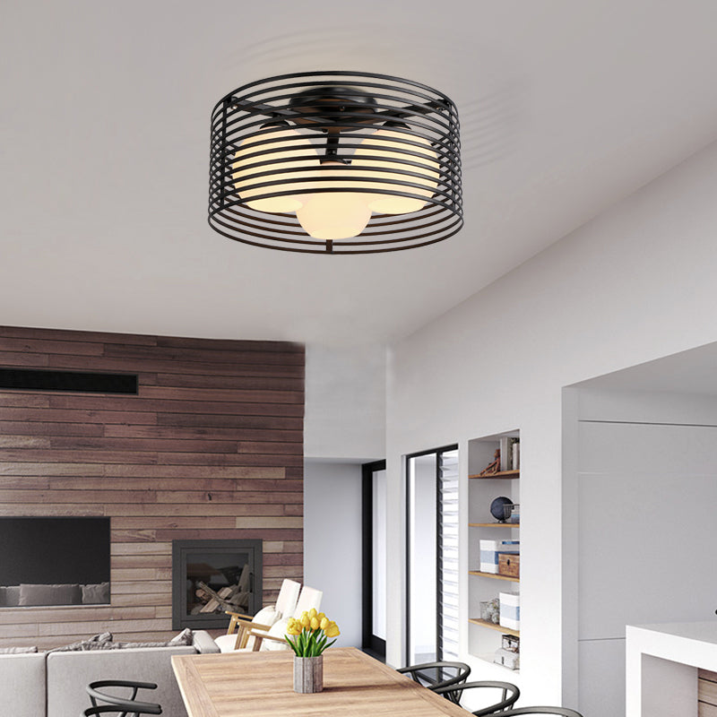 Round Iron Cage Semi Flush Mount Lamp Nordic Metal 3 Heads Black/White Bedroom Ceiling Flush Mount with Globe Glass Shade Black Clearhalo 'Ceiling Lights' 'Close To Ceiling Lights' 'Close to ceiling' 'Glass shade' 'Glass' 'Semi-flushmount' Lighting' 150751
