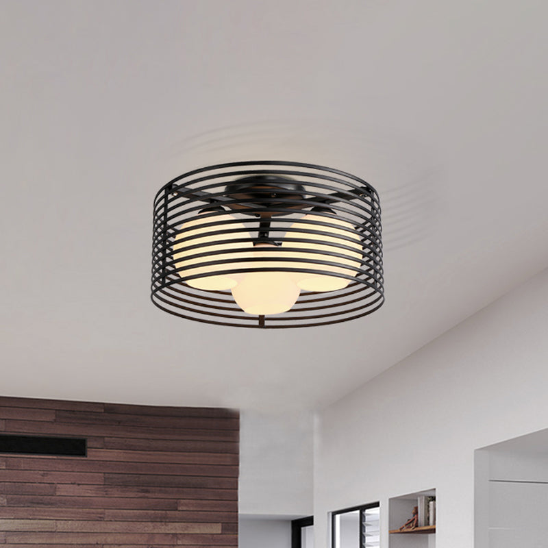 Round Iron Cage Semi Flush Mount Lamp Nordic Metal 3 Heads Black/White Bedroom Ceiling Flush Mount with Globe Glass Shade Clearhalo 'Ceiling Lights' 'Close To Ceiling Lights' 'Close to ceiling' 'Glass shade' 'Glass' 'Semi-flushmount' Lighting' 150752