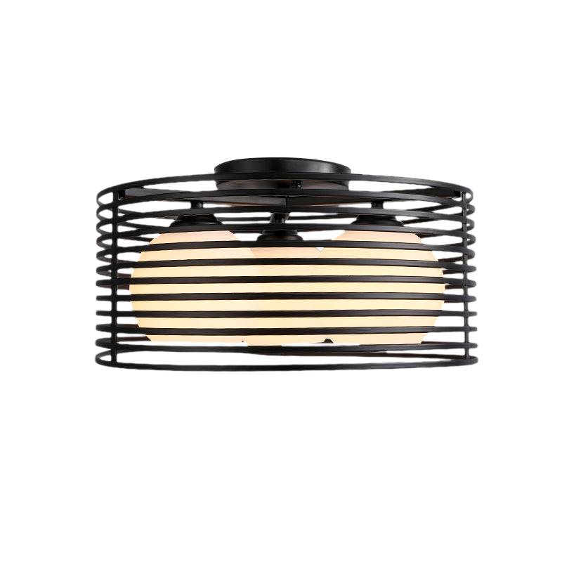 Round Iron Cage Semi Flush Mount Lamp Nordic Metal 3 Heads Black/White Bedroom Ceiling Flush Mount with Globe Glass Shade Clearhalo 'Ceiling Lights' 'Close To Ceiling Lights' 'Close to ceiling' 'Glass shade' 'Glass' 'Semi-flushmount' Lighting' 150753