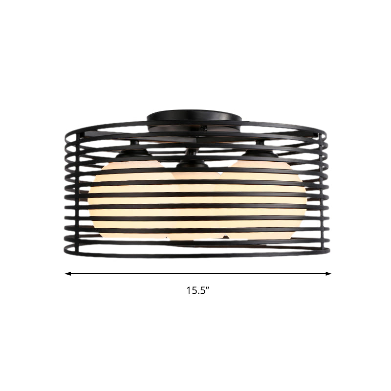 Round Iron Cage Semi Flush Mount Lamp Nordic Metal 3 Heads Black/White Bedroom Ceiling Flush Mount with Globe Glass Shade Clearhalo 'Ceiling Lights' 'Close To Ceiling Lights' 'Close to ceiling' 'Glass shade' 'Glass' 'Semi-flushmount' Lighting' 150754