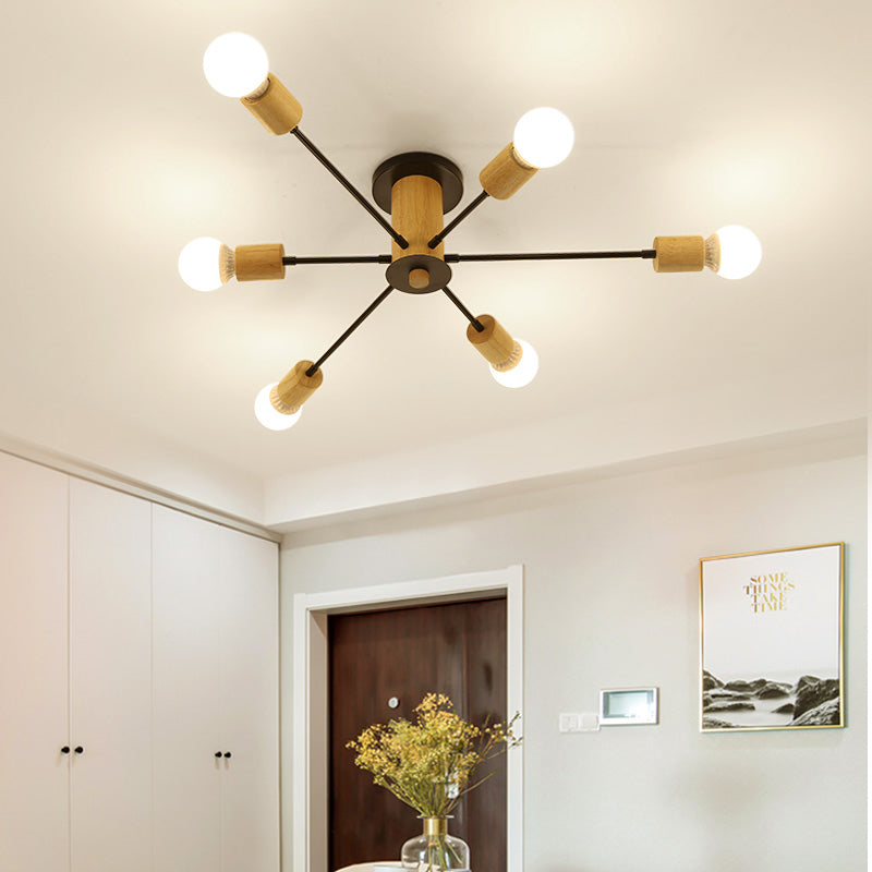 6/8/10 Lights Starburst Semi Flush Ceiling Light Nordic Metal White/Black Living Room Ceiling Light Fixture 6 Black Clearhalo 'Ceiling Lights' 'Close To Ceiling Lights' 'Close to ceiling' 'Semi-flushmount' Lighting' 150795