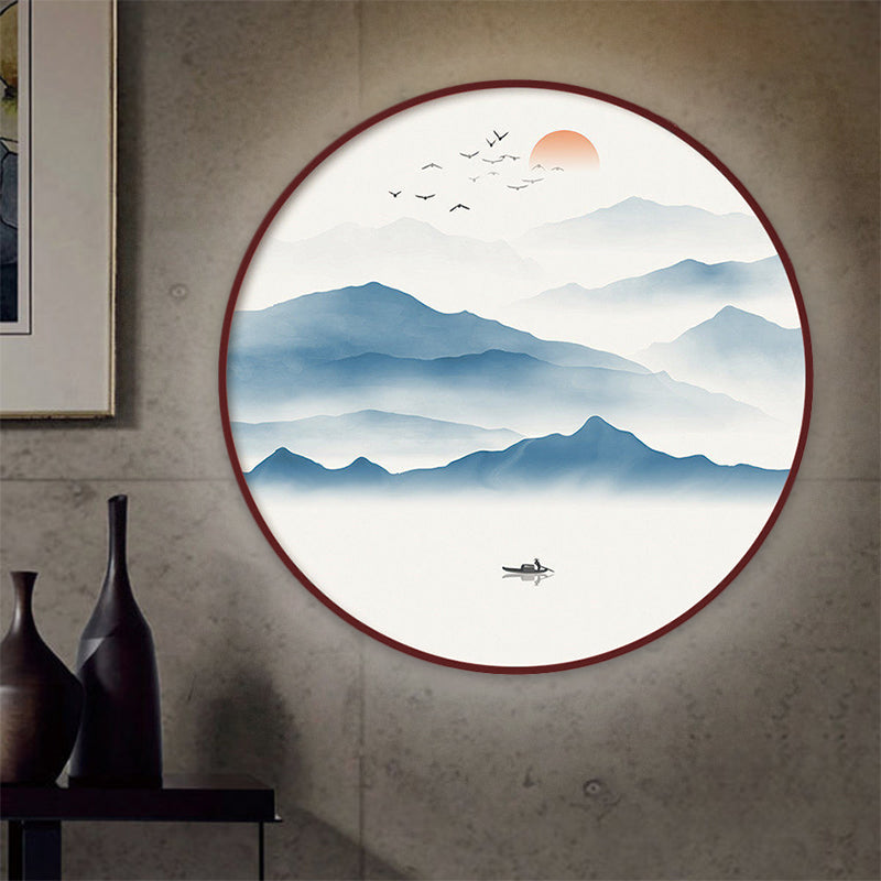 Blue River Scenery Mural Lamp Chinese Acrylic Round LED Flush Mount Wall Sconce in Warm/White Light Blue A Clearhalo 'Wall Lamps & Sconces' 'Wall Lights' Lighting' 1508004