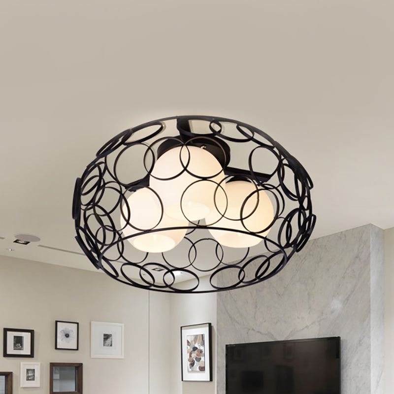 Drum Iron Cage Flush Mount Ceiling Light with Ball Glass Shade Nordic White/Black Dining Room Ceiling Light Fixture Black Clearhalo 'Ceiling Lights' 'Close To Ceiling Lights' 'Close to ceiling' 'Flush mount' Lighting' 150820