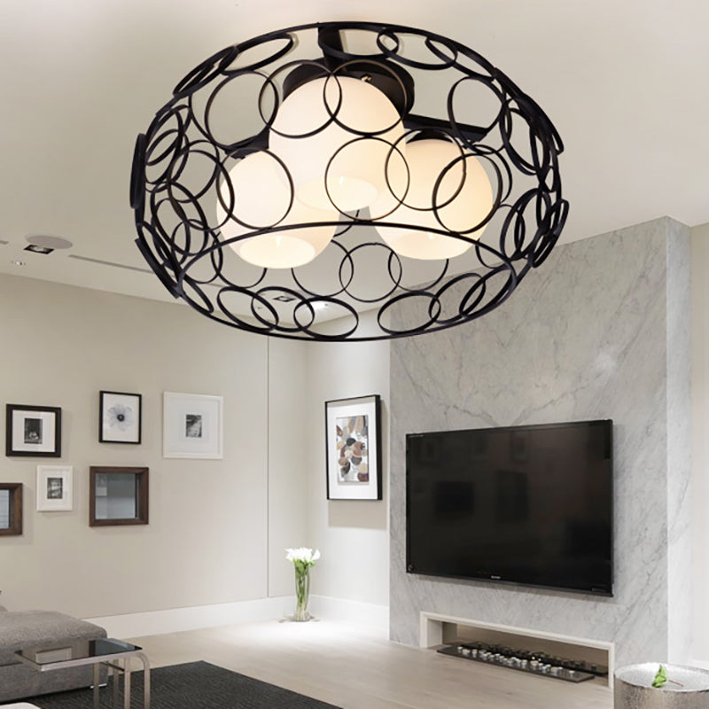 Drum Iron Cage Flush Mount Ceiling Light with Ball Glass Shade Nordic White/Black Dining Room Ceiling Light Fixture Clearhalo 'Ceiling Lights' 'Close To Ceiling Lights' 'Close to ceiling' 'Flush mount' Lighting' 150821