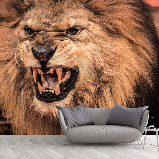 Photography Lion Roaring Mural Wallpaper for Bedroom, Brown, Personalized Size Available Clearhalo 'Wall Decor' 'Wall Mural' 1508271