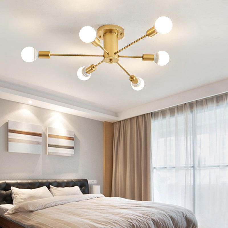 Gold Starburst Ceiling Mounted Chandelier Contemporary Metal 6/8/10 Heads Bedroom Flush Mount Light 6 Gold Clearhalo 'Ceiling Lights' 'Close To Ceiling Lights' 'Close to ceiling' 'Semi-flushmount' Lighting' 150829