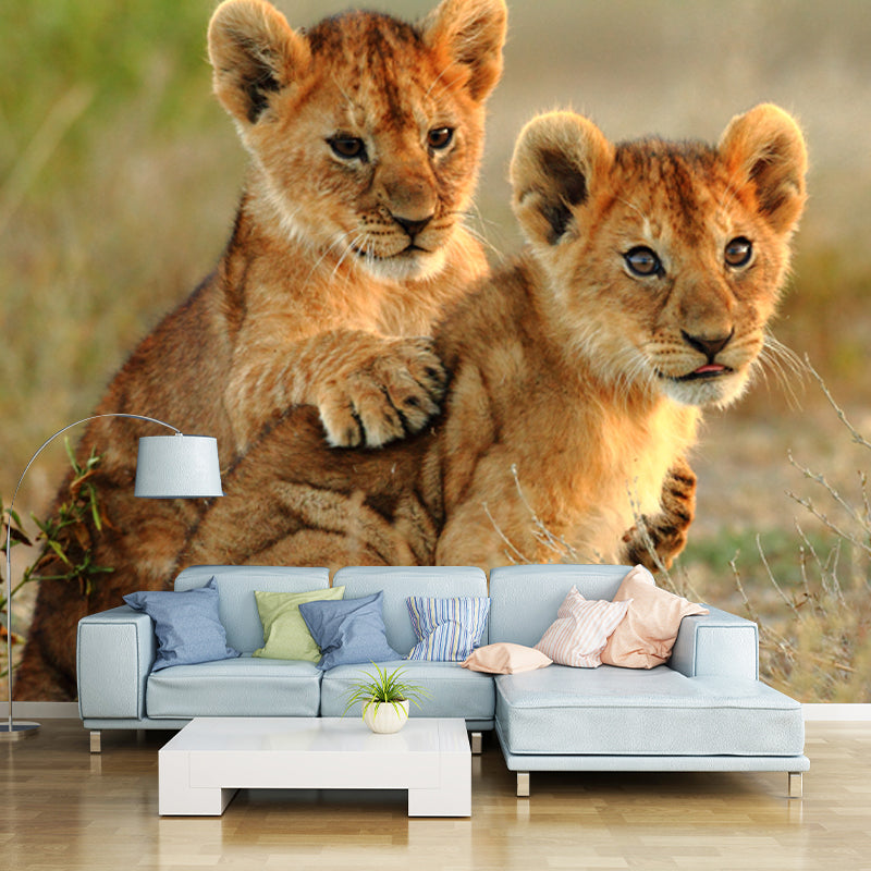 Cute Young Lions Wall Mural for Accent Wall Wild Animal Print Wall Decor, Made to Measure Brown Clearhalo 'Wall Decor' 'Wall Mural' 1508290