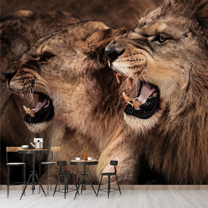 Big Roaring Lions Wall Mural Brown Non-Woven Fabric Wall Decor, Washable, Custom Made Brown Clearhalo 'Wall Decor' 'Wall Mural' 1508320