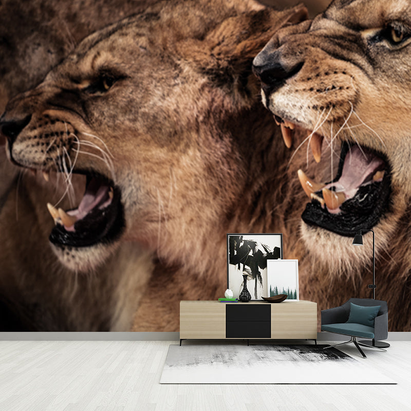 Big Roaring Lions Wall Mural Brown Non-Woven Fabric Wall Decor, Washable, Custom Made Clearhalo 'Wall Decor' 'Wall Mural' 1508322