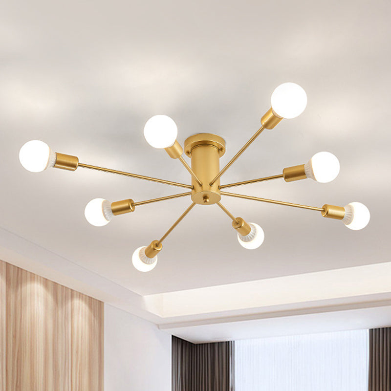 Gold Starburst Ceiling Mounted Chandelier Contemporary Metal 6/8/10 Heads Bedroom Flush Mount Light 8 Gold Clearhalo 'Ceiling Lights' 'Close To Ceiling Lights' 'Close to ceiling' 'Semi-flushmount' Lighting' 150833