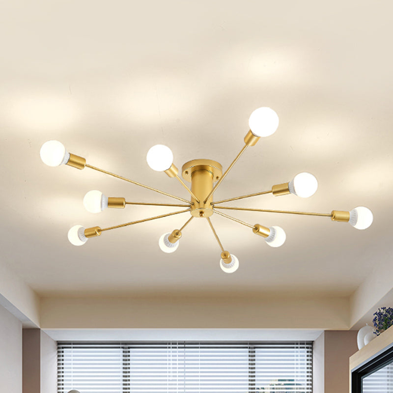 Gold Starburst Ceiling Mounted Chandelier Contemporary Metal 6/8/10 Heads Bedroom Flush Mount Light 10 Gold Clearhalo 'Ceiling Lights' 'Close To Ceiling Lights' 'Close to ceiling' 'Semi-flushmount' Lighting' 150837