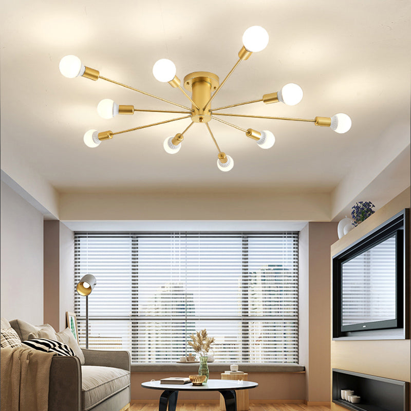 Gold Starburst Ceiling Mounted Chandelier Contemporary Metal 6/8/10 Heads Bedroom Flush Mount Light Clearhalo 'Ceiling Lights' 'Close To Ceiling Lights' 'Close to ceiling' 'Semi-flushmount' Lighting' 150838