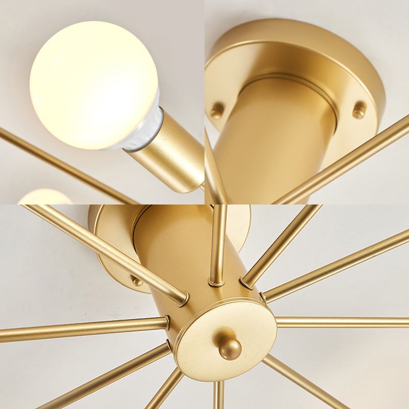 Gold Starburst Ceiling Mounted Chandelier Contemporary Metal 6/8/10 Heads Bedroom Flush Mount Light Clearhalo 'Ceiling Lights' 'Close To Ceiling Lights' 'Close to ceiling' 'Semi-flushmount' Lighting' 150841