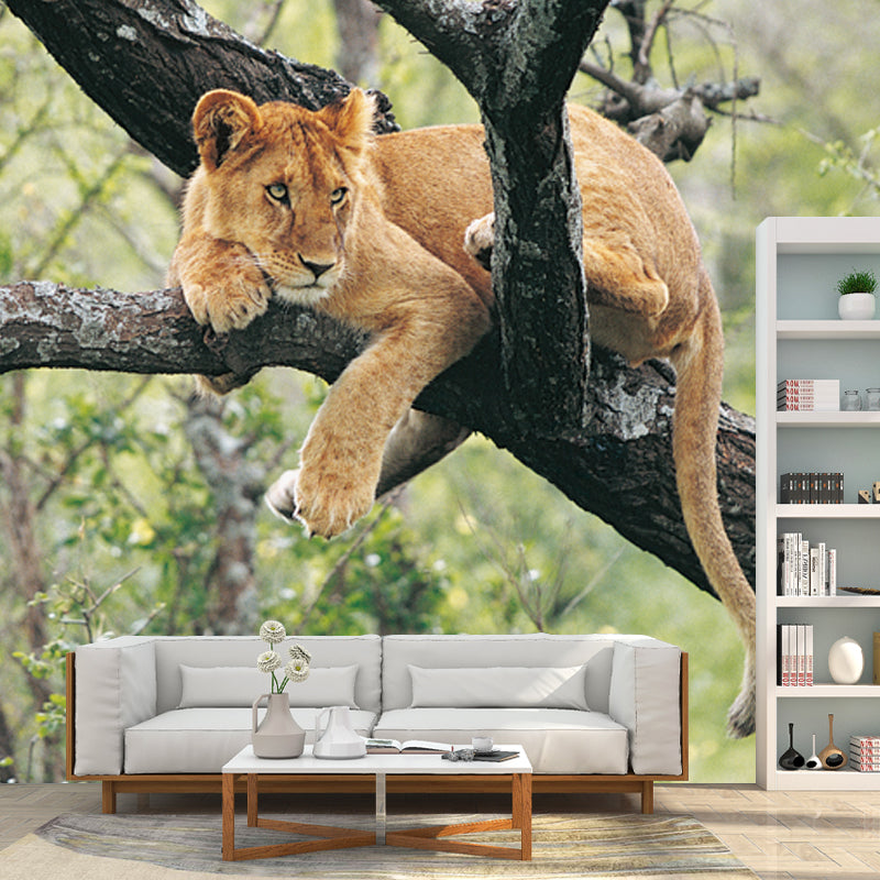 Teenage Lion in Tree Mural Wallpaper Modern Water-proof Living Room Wall Covering, Custom Made Brown Clearhalo 'Wall Decor' 'Wall Mural' 1508410