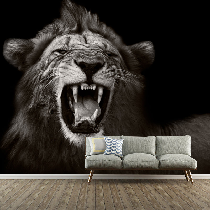 Black Lion Roaring Wall Mural Animal Modernist Moisture Resistant Wall Decor for Home Black Clearhalo 'Wall Decor' 'Wall Mural' 1508435