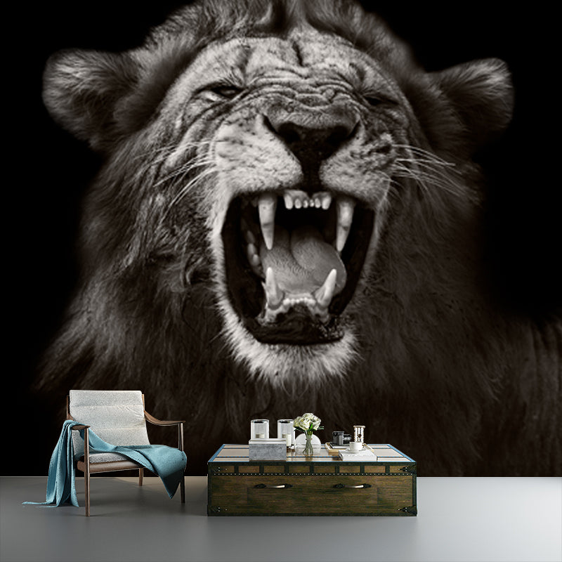 Black Lion Roaring Wall Mural Animal Modernist Moisture Resistant Wall Decor for Home Clearhalo 'Wall Decor' 'Wall Mural' 1508436