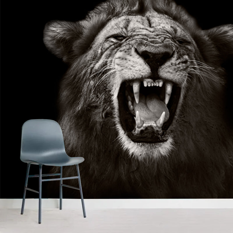 Black Lion Roaring Wall Mural Animal Modernist Moisture Resistant Wall Decor for Home Clearhalo 'Wall Decor' 'Wall Mural' 1508437