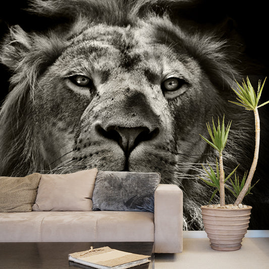 Full-Size Lion Face Mural Decal in Black Non-Woven Material Wall Covering, Washable, Custom Size Clearhalo 'Wall Decor' 'Wall Mural' 1508442