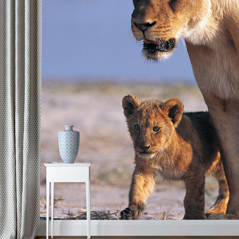 Big Modern Wall Paper Mural Brown Lion Cub with Its Mother Wall Art, Made to Measure Brown Clearhalo 'Wall Decor' 'Wall Mural' 1508445