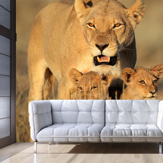Lion with Its Kids Mural in Brown Modern Style Wall Decor for Living Room, Size Optional Clearhalo 'Wall Decor' 'Wall Mural' 1508451