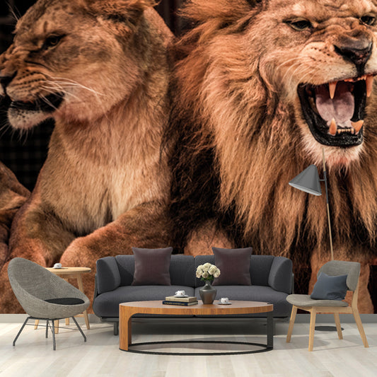 Modern Circus Lions Roaring Mural Brown Living Room Wall Decoration, Made to Measure Clearhalo 'Wall Decor' 'Wall Mural' 1508536