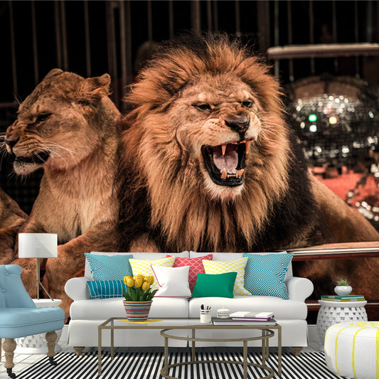 Modern Circus Lions Roaring Mural Brown Living Room Wall Decoration, Made to Measure Clearhalo 'Wall Decor' 'Wall Mural' 1508537