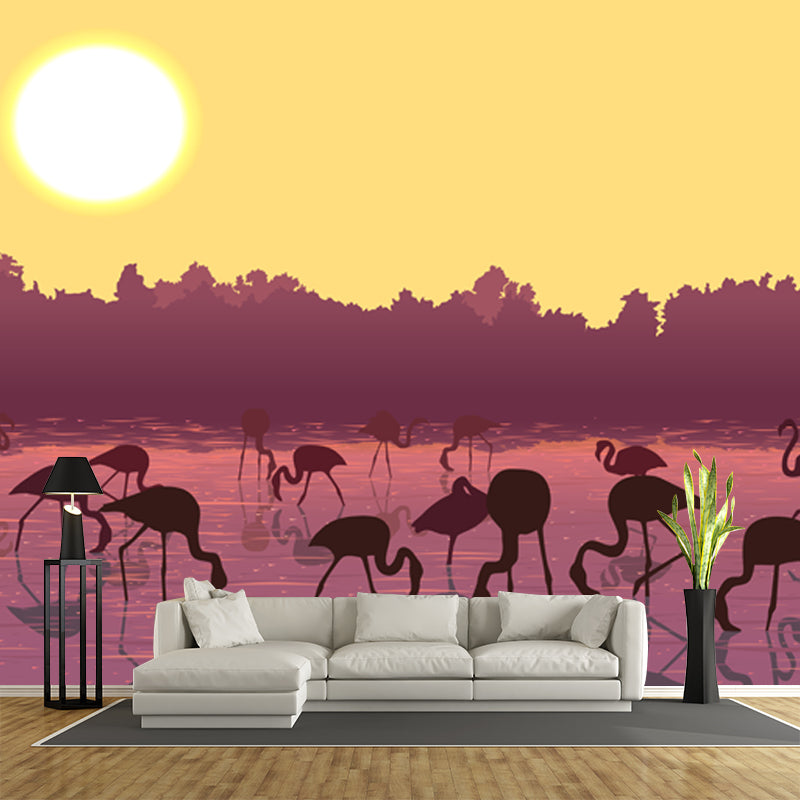 Yellow Modernist Mural Huge Flamingo Feeding under Super Moon Wall Covering for Home Yellow Clearhalo 'Wall Decor' 'Wall Mural' 1508685