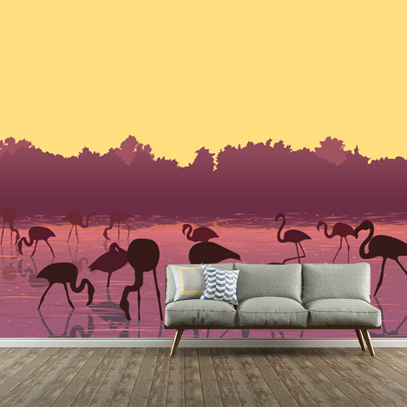 Yellow Modernist Mural Huge Flamingo Feeding under Super Moon Wall Covering for Home Clearhalo 'Wall Decor' 'Wall Mural' 1508686