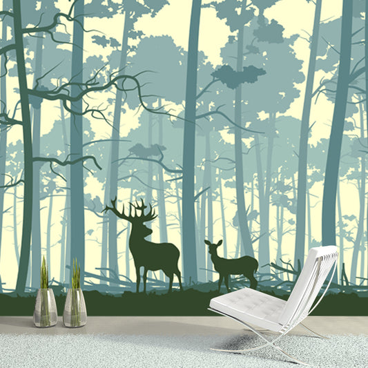 Nordic Forest Deer Silhouette Mural Blue Stain Resistant Wall Covering for Bedroom Clearhalo 'Wall Decor' 'Wall Mural' 1508707