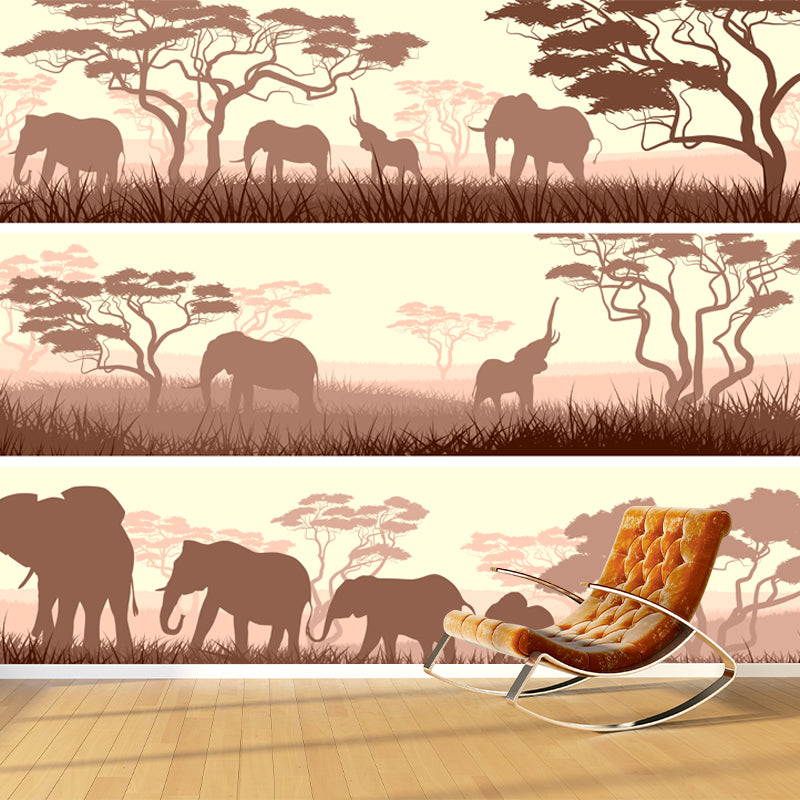 African Savanna Elephant Mural Wallpaper Tropical Non-Woven Wall Decor in Light Brown Light Brown Clearhalo 'Wall Decor' 'Wall Mural' 1508715