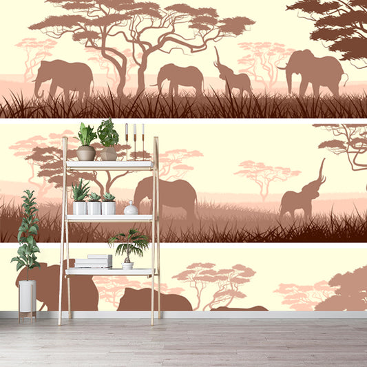 African Savanna Elephant Mural Wallpaper Tropical Non-Woven Wall Decor in Light Brown Clearhalo 'Wall Decor' 'Wall Mural' 1508716
