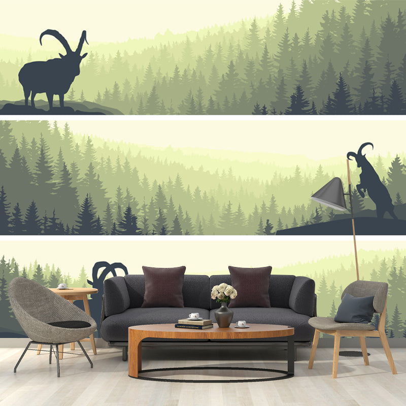 Big Modern Style Mural Light-Green Goat in Sunset Forest Scenery Wall Covering, Custom Size Light Green Clearhalo 'Wall Decor' 'Wall Mural' 1508720