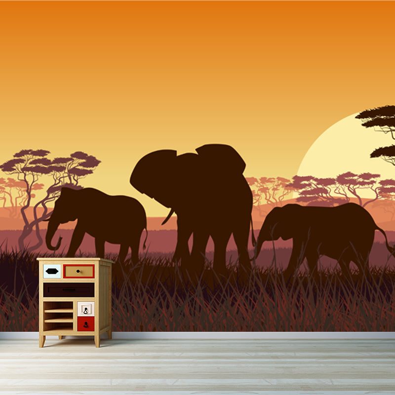 Tropix Night Landscape Mural Yellow Savannas Elephant with Rising Super Moon Wall Decor Clearhalo 'Wall Decor' 'Wall Mural' 1508726