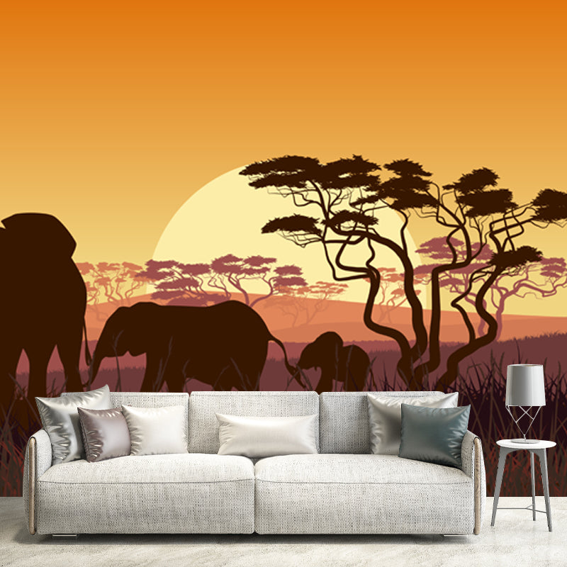 Tropix Night Landscape Mural Yellow Savannas Elephant with Rising Super Moon Wall Decor Clearhalo 'Wall Decor' 'Wall Mural' 1508727