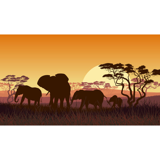 Tropix Night Landscape Mural Yellow Savannas Elephant with Rising Super Moon Wall Decor Clearhalo 'Wall Decor' 'Wall Mural' 1508728